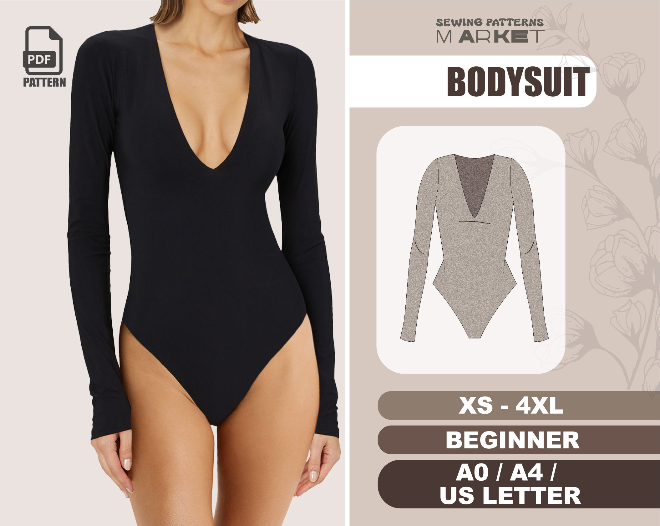 Bodysuit Sewing Pattern Swimsuit Womens Digital Patterns, Plus Size XS 4XL,  PDF Pattern With Instant Download 