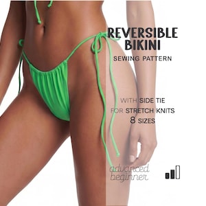 May include: A bright green reversible bikini with side ties. The image includes the text "REVERSIBLE BIKINI SEWING PATTERN" and details for stretch knits and 8 sizes. The pattern is for advanced beginners.