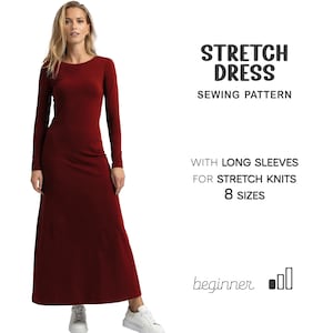 Puede incluir: Una mujer con un vestido largo burdeos de manga larga. El vestido es de estilo maxi. El texto a la derecha dice "STRETCH DRESS SEWING PATTERN" y "WITH LONG SLEEVES FOR STRETCH KNITS 8 SIZES". El vestido es para tejidos elásticos.