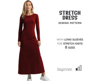 Patrón de costura para vestido largo de mujer / Patrón de vestido elástico / Patrón de vestido de corte A / Patrón de vestido fácil para principiantes / Patrones digitales en PDF