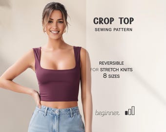 Patrón de costura para top corto para mujer, patrón de top de yoga, patrón de costura de camiseta sin mangas en PDF