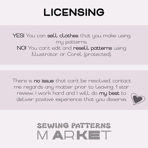 May include: A light purple graphic with the word "LICENSING" at the top. Text below states you can sell clothes made from patterns, but not edit or resell the patterns. The bottom text says "SEWING PATTERNS MARKET."