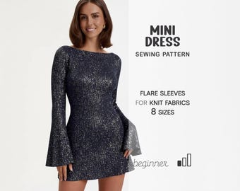 Patrón de vestido de corte A, patrón de costura para vestido de fiesta para mujer, patrón de vestido acampanado, patrón de minivestido en PDF
