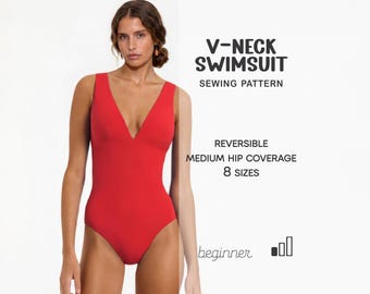 Molde de maiô reversível, molde de body com decote em V, molde de maiô para iniciantes, molde de biquíni plus size, moldes de costura em PDF
