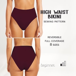 Może przedstawiać: Bikini z wysokim stanem w głębokim bordowym kolorze pokazany z przodu i z tyłu. Obraz zawiera tekst "High Waist Bikini Sewing Pattern", "Reversible", "Full Coverage", "8 Sizes" i "beginner".