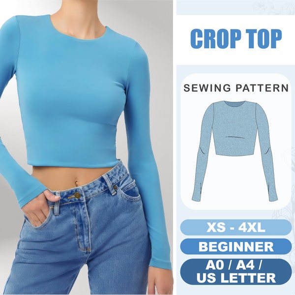 Crop Top Schnittmuster, Langarm Damen Schnittmuster Plus Größe XS - 4XL, PDF Digitale PDF Muster mit Sofort-Download