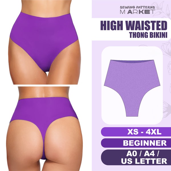 Bikini Pattern Beginner Level XS - 4XL, Thong Swimsuit Pattern, High Waist Bikini, Bathing Suit Swimwear, PDF Patterns, Instant Download