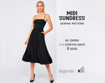 Patrón de vestido para principiantes, patrón de costura de vestido midi, tallas XS-4XL, vestido acampanado con bolsillos, patrón de vestido skater, vestido de tallas grandes, patrones digitales