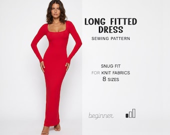 Long Dress Pattern, Bodycon Dress Sewing Pattern, Maxi Dress Pattern, Plus Size Sewing Patterns, XS - 4XL, Long Sleeve Dress, Beginner Level