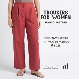 May include: Red trousers with a front zipper, designed for woven fabrics. The image includes the text "TROUSERS FOR WOMEN SEWING PATTERN" and "9 SIZES". The trousers have pleats and pockets.