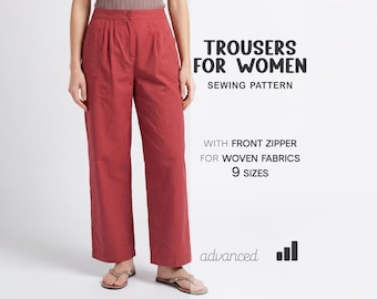 Patrón de costura para pantalones de mujer, patrón de pantalones chinos para mujer, patrón de pantalones de algodón, patrón de pantalones cargo.