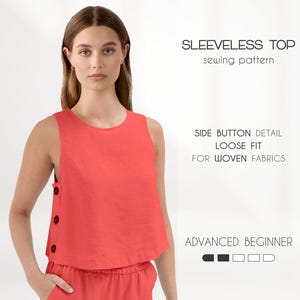 May include: A sleeveless coral top with side button detail and loose fit, designed for woven fabrics. The image also includes text that reads "SLEEVELESS TOP sewing pattern" and "ADVANCED BEGINNER".