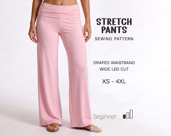 Patrón de pantalones de yoga, patrón de costura para pantalones de descanso, patrón de pantalones elásticos para mujer, patrón de pantalones de pierna ancha