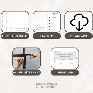 May include: An image with sewing pattern details. It includes icons for download, layered options, and size selection (XS/S, M/L, XL). The image also shows instructions in English and paper size options: A4/US Letter/A0.