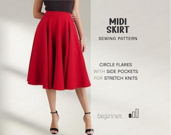 Patrón de costura para falda midi con bolsillos para mujer, muy fácil, patrón para tallas grandes (XS-4XL), patrones de costura digitales, descarga instantánea.