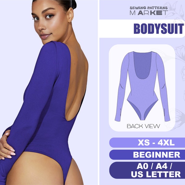 Offener Rücken Bodysuit Schnittmuster für Anfänger, Langarm Trikot Schnittmuster, XS - 4XL, Badeanzug Schnittmuster, Pdf Digitale Muster, Sofort Download