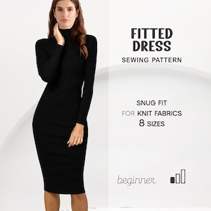 Pode incluir: Uma mulher veste um vestido preto justo, com mangas compridas e gola alta. O vestido vai até ao joelho. O texto à direita diz "Fitted Dress Sewing Pattern" e "Snug fit for knit fabrics 8 sizes".