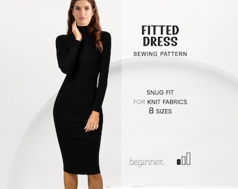 Midi Dress Sewing Pattern, Fitted Stretch Dress Pattern, Long Sleeve Dress Pattern, Turtleneck Dress Pattern, Bodycon Dress Pattern PDF