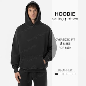 May include: A black hoodie sewing pattern with the text "HOODIE sewing pattern" and "OVERSIZED FIT 8 SIZES FOR MEN". The hoodie has a front pocket and a hood. The difficulty level is beginner.
