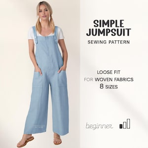 May include: A light blue jumpsuit with wide legs and large front pockets. The jumpsuit has adjustable straps and is worn over a white t-shirt. The image also includes text that reads "SIMPLE JUMPSUIT SEWING PATTERN" and "LOOSE FIT FOR WOVEN FABRICS 8 SIZES".