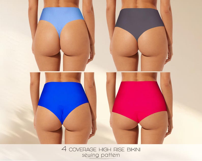 May include: Four high-waisted bikini bottoms in different colors: light blue, gray, blue, and red. The bottoms are made of a smooth, stretchy fabric and have a high-cut leg.