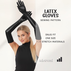 Puede incluir: Guantes de látex negros con mangas largas, la imagen también incluye el texto "LATEX GLOVES SEWING PATTERN". Los guantes se muestran en una persona con cabello rubio. El texto también dice "SNUG FIT ONE SIZE FOR STRETCH MATERIALS".