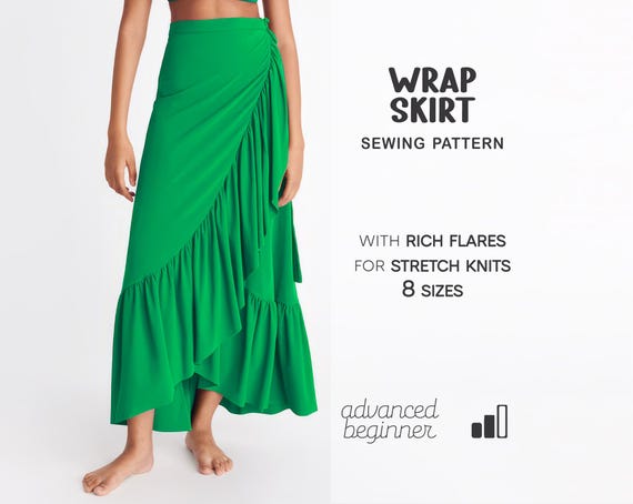 Long Skirt Sewing Pattern, Beginner Wrap Skirt Pattern, Plus Size Flared Skirt Pattern, Flounce Skirt Pattern, Digital PDF Sewing Patterns