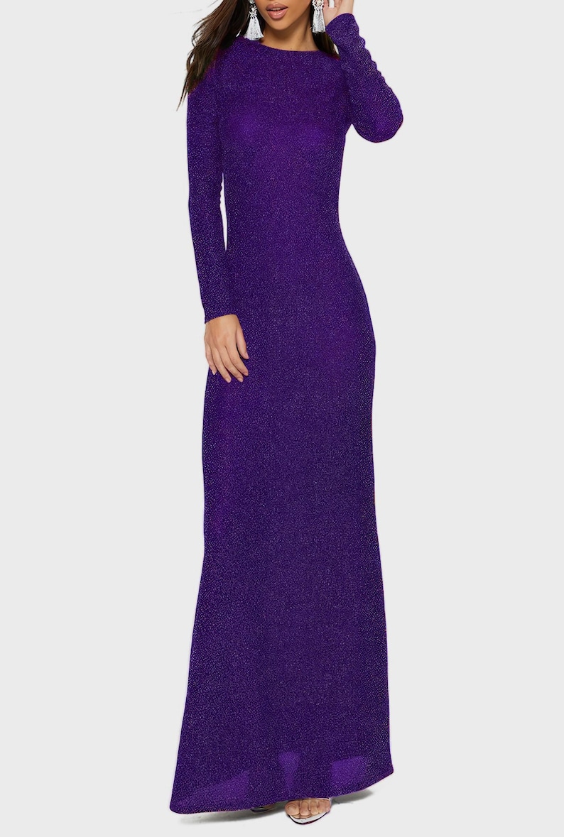 May include: A long, shimmering purple dress with long sleeves. The dress has a fitted silhouette that flows to the floor. The fabric has a subtle sparkle, catching the light. The dress has a high neckline.