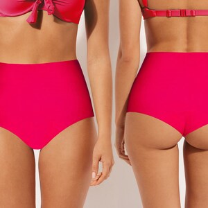 May include: A pair of high-waisted, bright pink bikini bottoms. The bottoms have a smooth, seamless design and a high-cut leg.