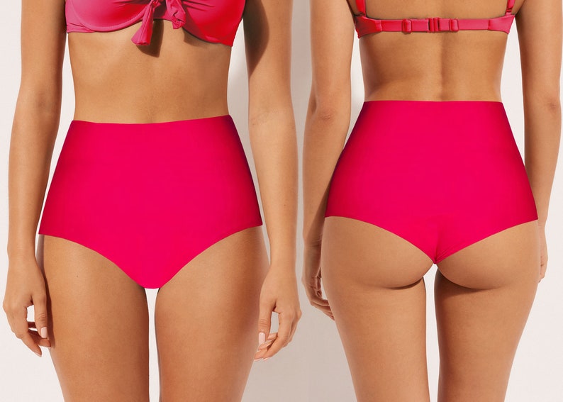 May include: A pair of high-waisted, bright pink bikini bottoms. The bottoms have a smooth, seamless design and a high-cut leg.