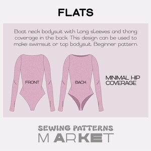 May include: A light pink boat neck bodysuit sewing pattern with long sleeves and thong coverage. The design can be used to make a swimsuit or top bodysuit. The text "FLATS" and "SEWING PATTERNS MARKET" are also visible.