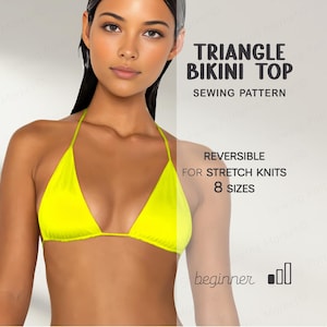 Op de afbeelding: Een neongeel driehoekig bikinitopje. De afbeelding bevat de tekst "Triangle Bikini Top Sewing Pattern", "Reversible for Stretch Knits" en "8 Sizes". Het patroon is voor beginners.