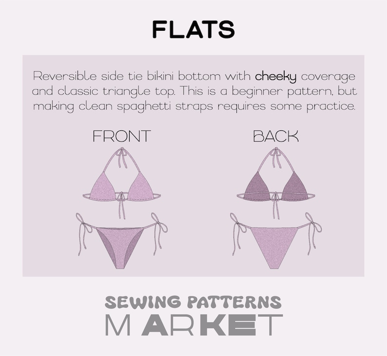 Puede incluir: Diagrama de un bikini reversible con lazos laterales y cobertura atrevida y un top triangular cl&aacute;sico. El diagrama muestra las vistas delantera y trasera del bikini. El texto dice que es un patr&oacute;n para principiantes.