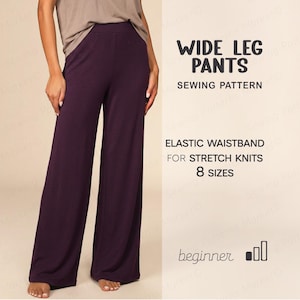 May include: A person wearing wide-leg pants in a deep purple color. The pants have an elastic waistband and are designed for stretch knits. The image includes text that reads "WIDE LEG PANTS SEWING PATTERN".