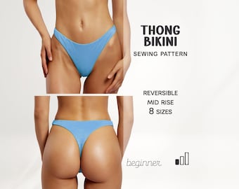 Może przedstawiać: Wzór do szycia bikini typu stringi w kolorze jasnoniebieskim. Obraz przedstawia widok z przodu i z tyłu bikini. Tekst na obrazie mówi "Dwustronny, Średni stan, 8 rozmiarów" i "początkujący".
