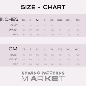 May include: A size chart showing measurements in inches and centimetres. The chart details bust, waist, and hip measurements for sizes XS to 4XL. The text "SIZE &bull; CHART" is at the top, and "SEWING PATTERNS MARKET" is at the bottom.