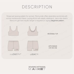 Pu&ograve; includere: Un modello di cucito per un set fitness con un reggiseno sportivo reversibile e pantaloncini da ciclismo. L'immagine mostra le viste anteriore e posteriore del reggiseno e dei pantaloncini. Il testo include "DESCRIPTION" e "SEWING PATTERNS MARKET".