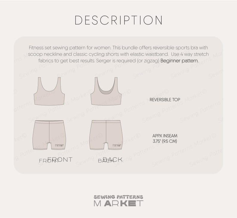 Pu&ograve; includere: Un modello di cucito per un set fitness con un reggiseno sportivo reversibile e pantaloncini da ciclismo. L'immagine mostra le viste anteriore e posteriore del reggiseno e dei pantaloncini. Il testo include "DESCRIPTION" e "SEWING PATTERNS MARKET".