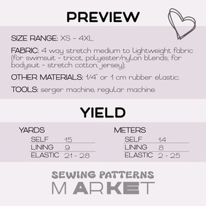May include: A preview image for a sewing pattern, featuring text about size range (XS-4XL), fabric, and other materials. The image includes yard and meter measurements for self, lining, and elastic. The Sewing Patterns Market logo is at the bottom.
