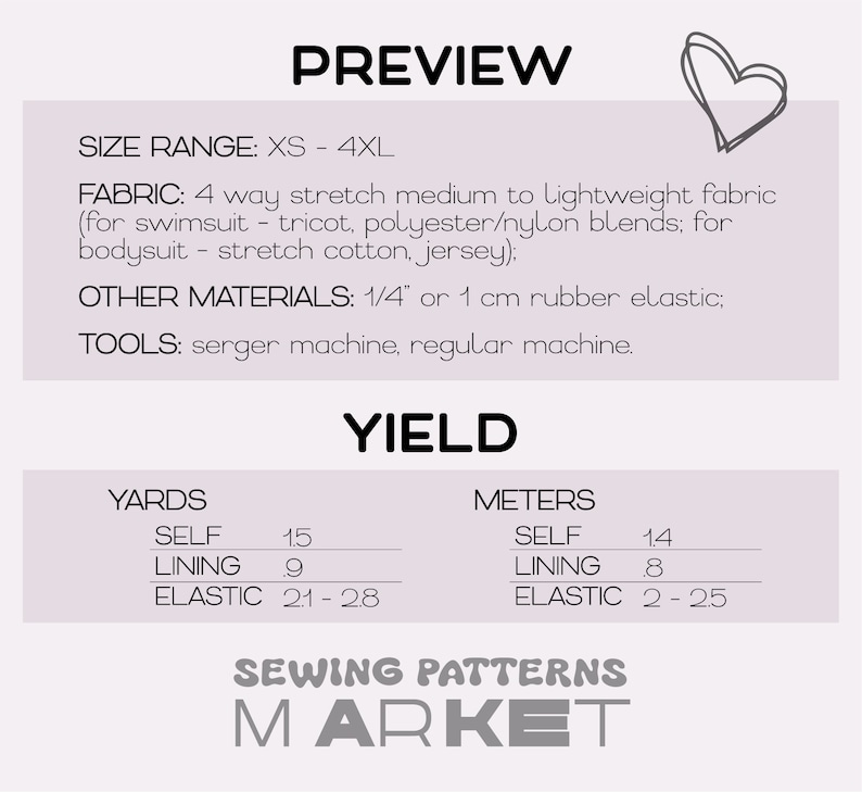 May include: A preview image for a sewing pattern, featuring text about size range (XS-4XL), fabric, and other materials. The image includes yard and meter measurements for self, lining, and elastic. The Sewing Patterns Market logo is at the bottom.