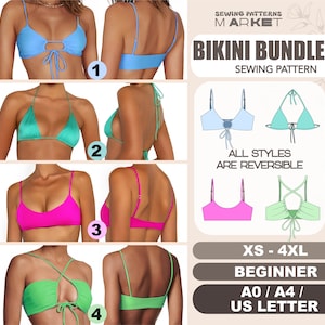 Puede incluir: Un patrón de costura digital para cuatro estilos diferentes de top de bikini. Los tops se muestran en azul, verde, rosa y verde claro. El patrón incluye instrucciones para las tallas XS a 4XL y es adecuado para principiantes. El patrón está disponible en tamaños A0, A4 y US Letter. El texto en la imagen dice "Bikini Bundle Sewing Pattern All Styles Are Reversible XS - 4XL Beginner A0 / A4 / US Letter"