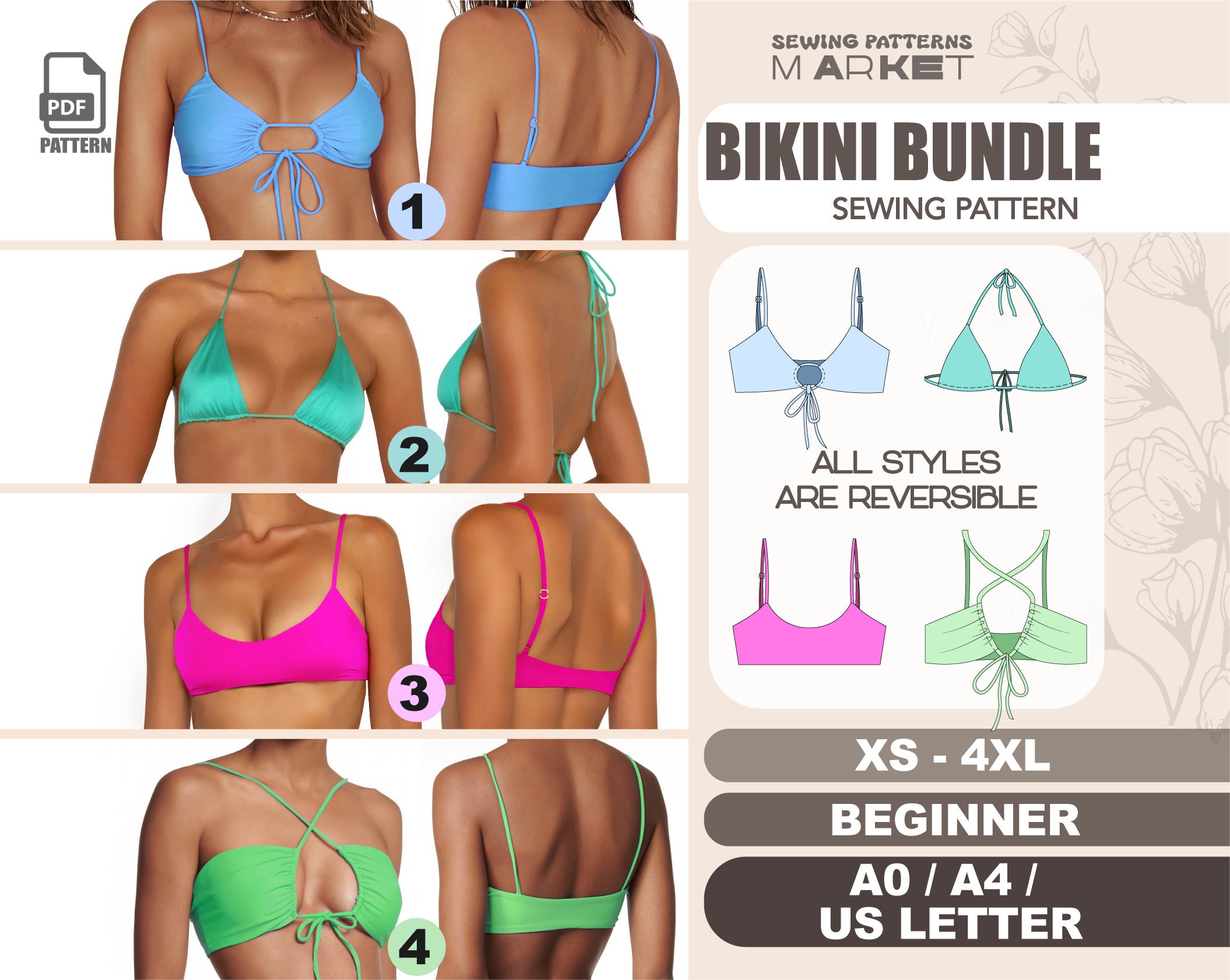 Bikini Sewing Pattern Beginner, XS - 4XL, Womens Swimsuit Pattern, Bathing Suit Digital Patterns, PDF Pattern With Instant Download