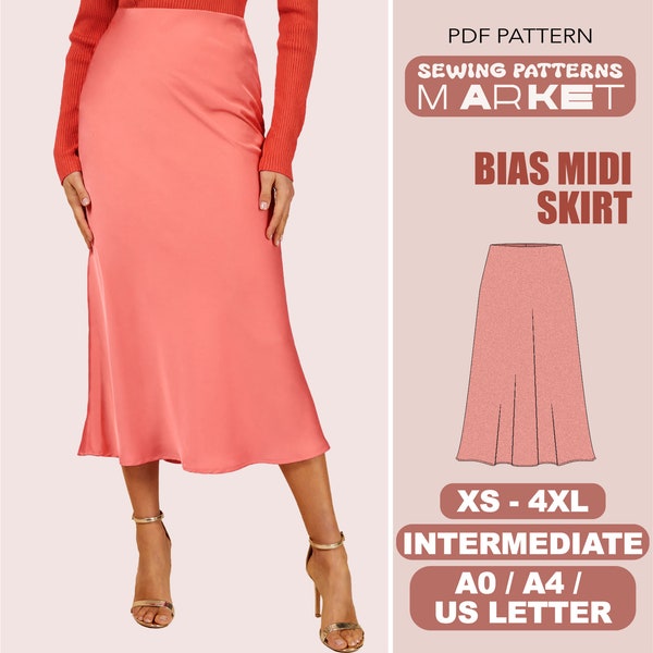 Midi Skirt Pattern, A-Line Skirt Sewing Pattern, Formal Bias Skirt Pattern, Plus Size Womens Patterns, XS - 4XL, Digital PDF Sewing Pattern