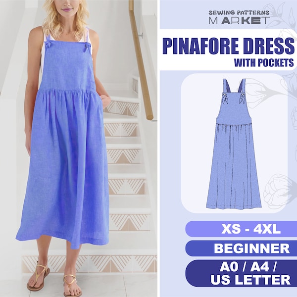 Pinafore Dress Pattern, Beginner Jumper Dress Sewing Pattern, Womens Robe Apron Plus Size Digital Patterns, XS - 4XL, Instant Download