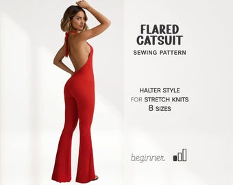 Catsuit Pattern, Yoga Jumpsuit Pattern, Unitard Pattern, Playsuit Halter Bodysuit Pattern, Disco Costume Pattern, Flared Leg Pants Pattern