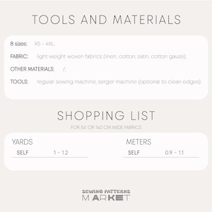 Puede incluir: Gr&aacute;fico con texto que detalla los requisitos de un proyecto de costura. Enumera 8 tallas, tipos de tejido como lino y algod&oacute;n, y herramientas como una m&aacute;quina de coser. Una lista de compras muestra el metraje de tela necesario para telas de 140 cm de ancho.