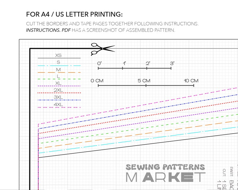 May include: A sewing pattern layout with size markings from XS to 4XL. The image includes a ruler with markings in centimetres and instructions for A4/US letter printing. The text "SEWING PATTERNS MARKET" is visible.