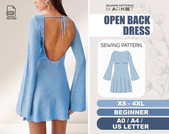 Open Back Dress Pattern Beginner Romantic Backless Dress Sewing Pattern, Flared Long Sleeve Dress, Digital Patterns, XS - 4XL