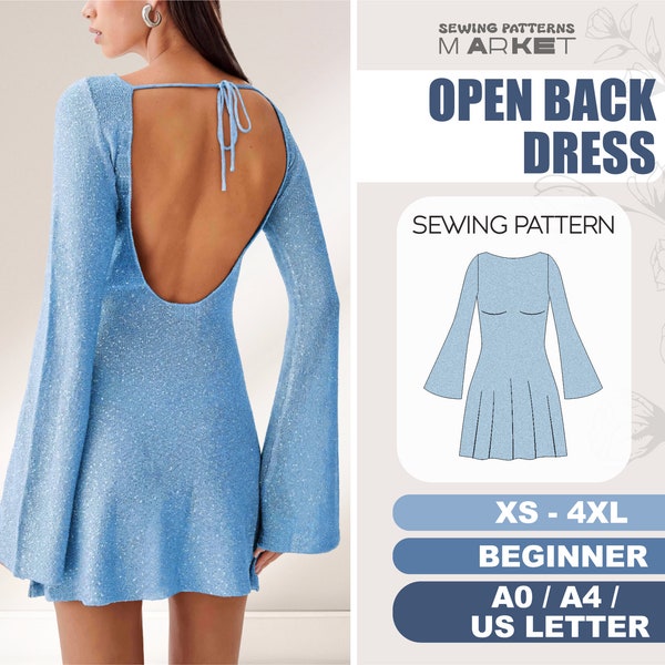 Patrón de vestido con espalda abierta Patrón de costura de vestido sin espalda romántico para principiantes, vestido de manga larga acampanado, patrones digitales, XS - 4XL