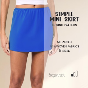 Pode incluir: Uma minissaia azul brilhante. A imagem inclui o texto: "SIMPLE MINI SKIRT SEWING PATTERN. NO ZIPPED FOR WOVEN FABRICS 8 SIZES." A palavra "beginner" também é visível.